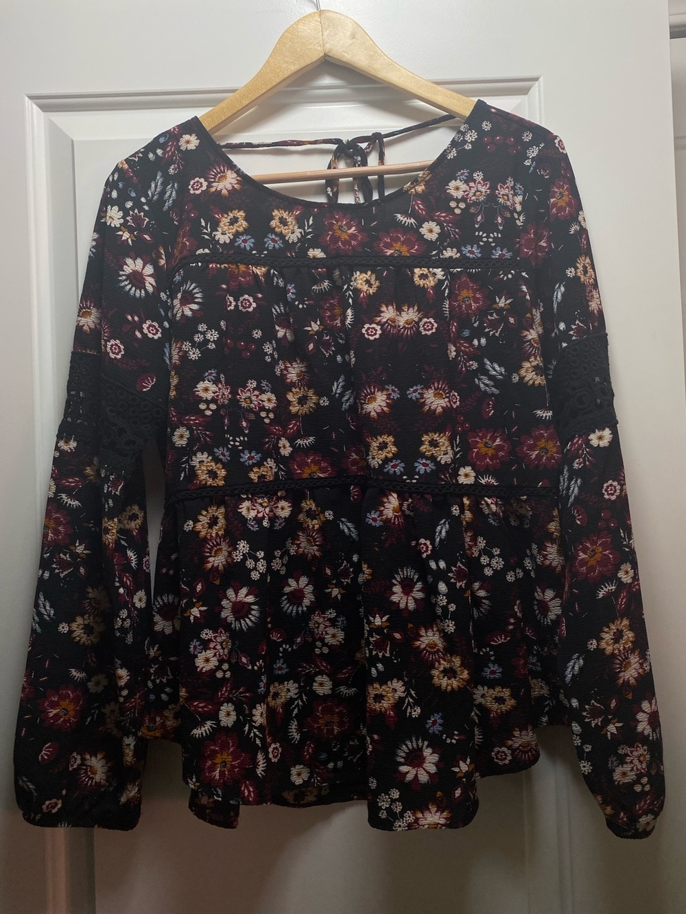 Artesia Black Floral Peasant Blouse with Crochet Accents L